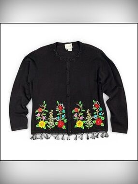 vintage Just B brand button-up cardigan with floral embroidery and beaded fringe
